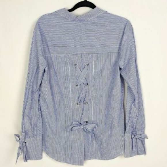 🎈 Sanctuary Lace Up Back Sz S Striped Button Down Shirt Top Blouse White Blue - Picture 11 of 14